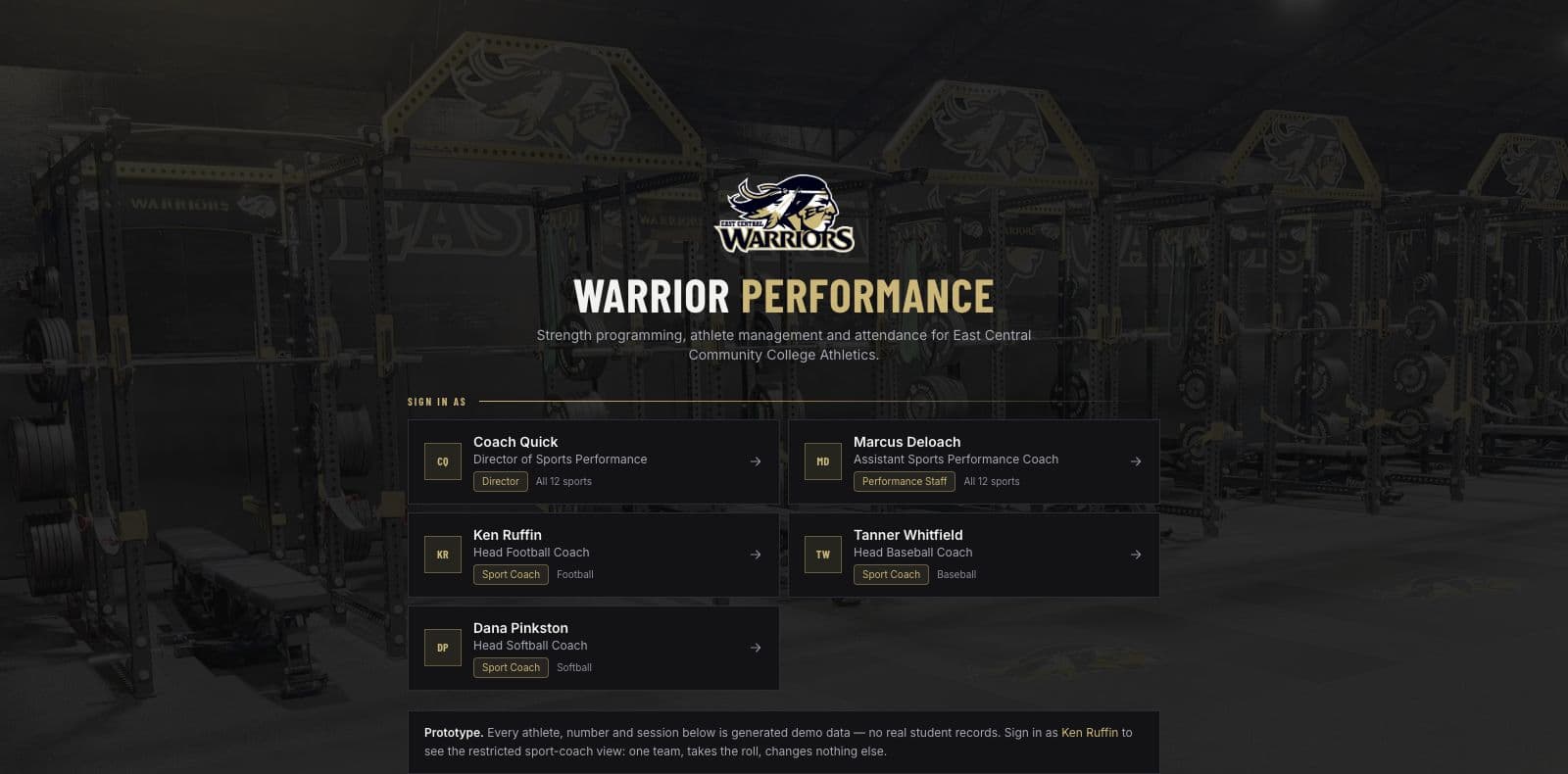Warrior Performance sign-in screen showing director, performance staff, and sport coach roles