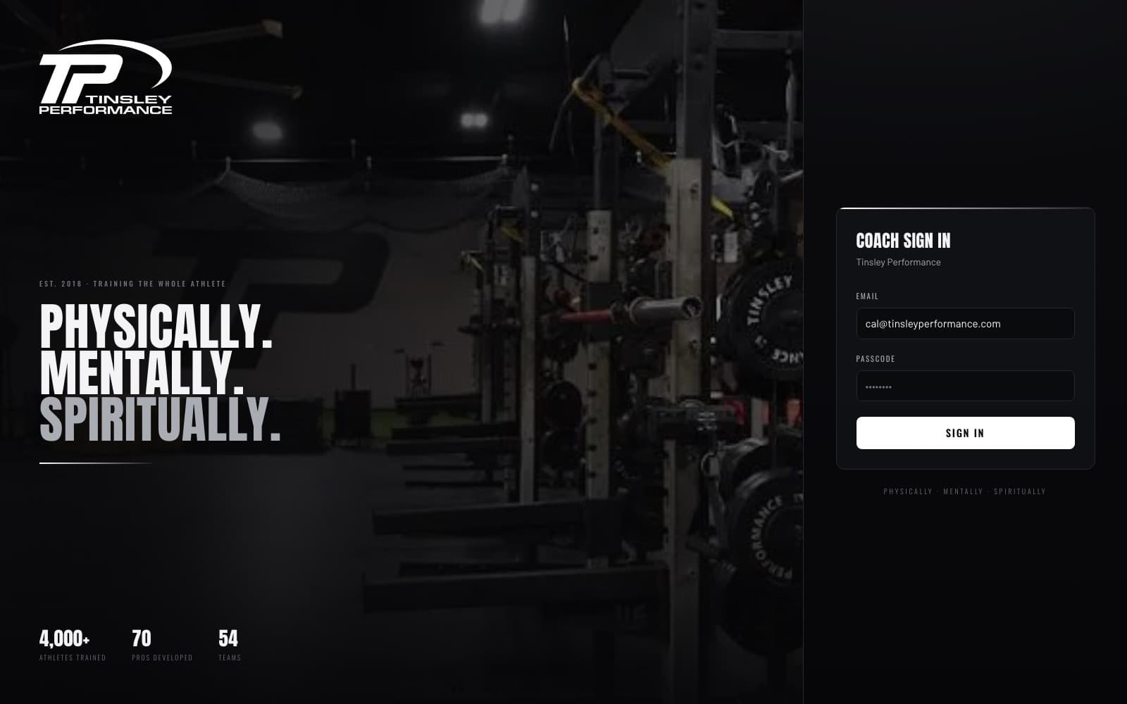 Tinsley Performance coach sign-in page over a photograph of their weight room