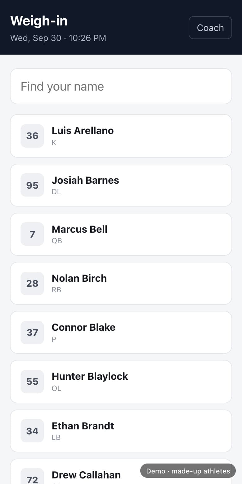 The tracker's weigh-in screen on a phone, where each athlete taps their name