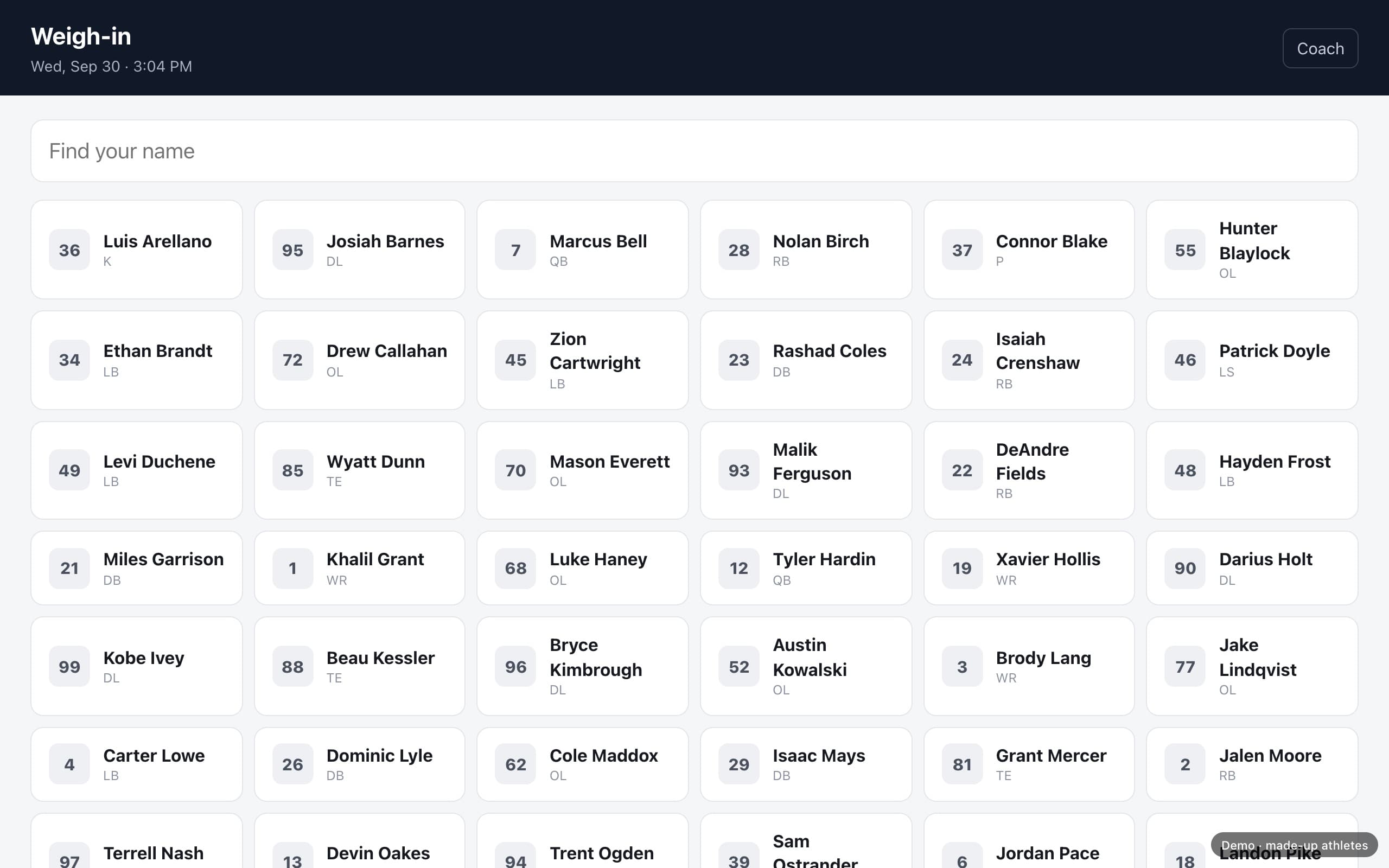 The tracker's weigh-in screen, where each athlete taps their name