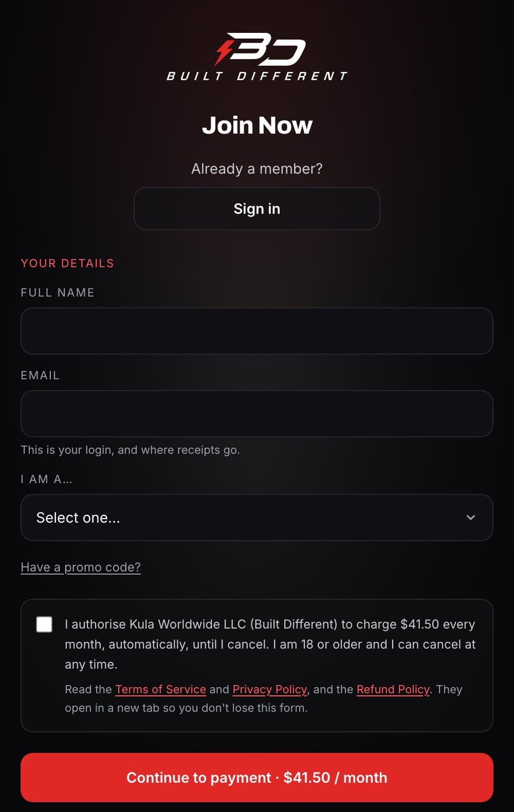 The Built Different sign-up screen on a phone, with the monthly membership checkout