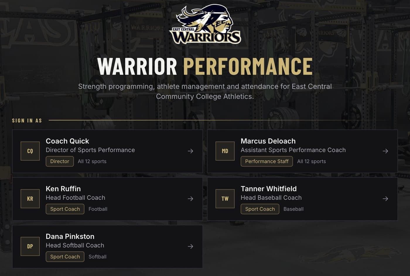 Warrior Performance sign-in listing the director and performance staff across all 12 sports, and sport coaches for football, baseball and softball