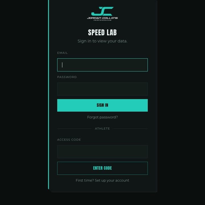 The JCP Speed Lab sign-in, with coach sign-in and an athlete access code